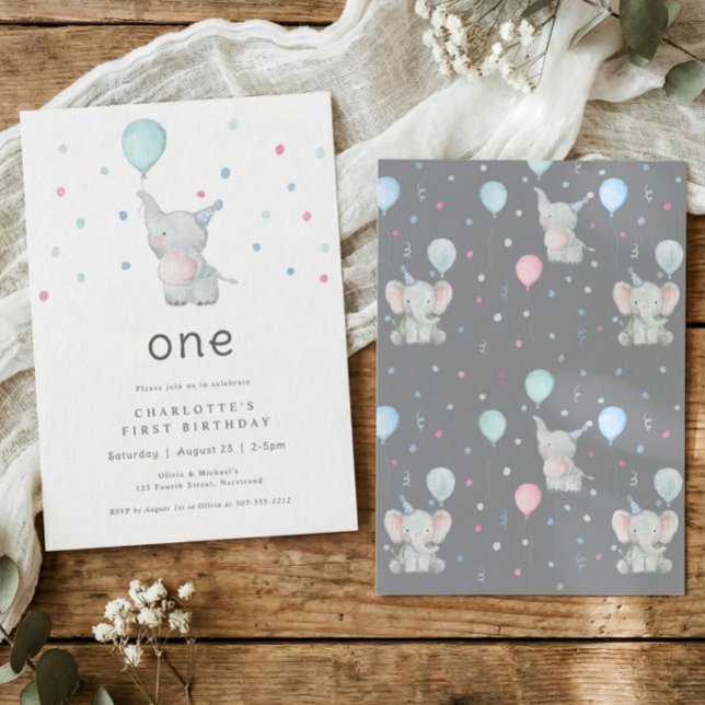 Söt Elefant Ettårs Födelsedagsfest Inbjudningar (Watercolor elephant 1st birthday invitation with balloon and pastel confetti on white background)