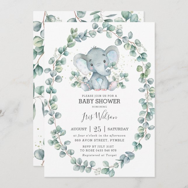 Söt Elefant Eukalyptus Grönska Baby Shower Pojke Inbjudningar (Fram/baksida)