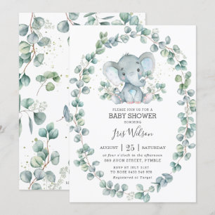 Söt Elefant Eukalyptus Grönska Baby Shower Pojke Inbjudningar