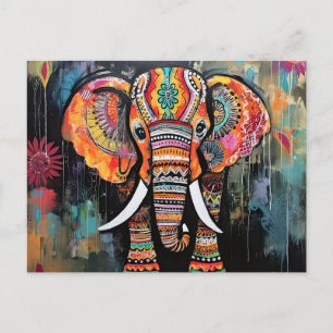 Söt Elefant Färgrik Funky Blandad Media Djur Vykort