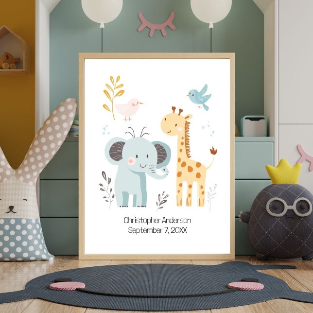 Söt Elefant Giraff Fåglar Personlig Barnkammare Poster (Personalized Birth Stats Nursery Wall Art. Design is Elephant Giraffe and Birds. Add babies name )