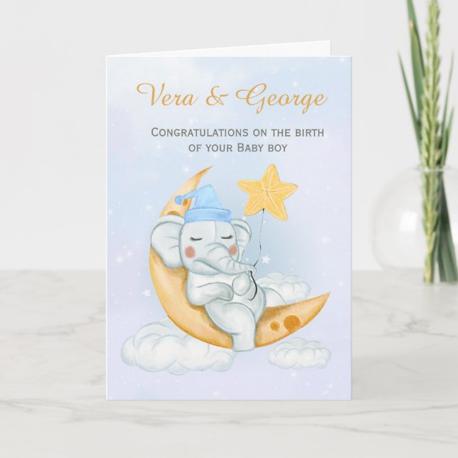 Söt Elefant Grattis På En Ny Baby Pojke  Kort (Framsida)