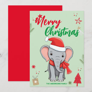 Söt elefant julgran Höger Familj namn Julkort