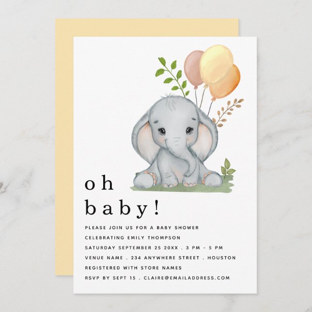 Söt Elefant Könsneutrala Baby Shower Inbjudningar (Fram/baksida)