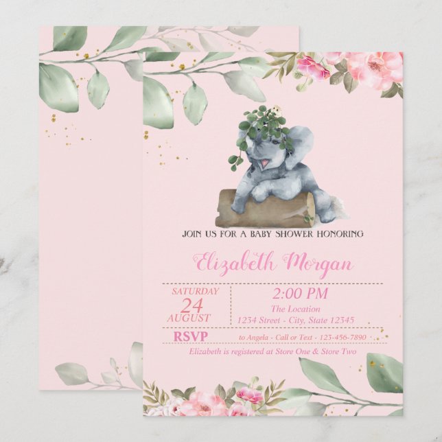 Söt Elefant, Lämna, Blommig Baby Shower Inbjudningar (Fram/baksida)