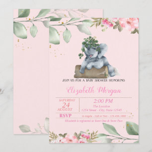 Söt Elefant, Lämna, Blommig Baby Shower Inbjudningar