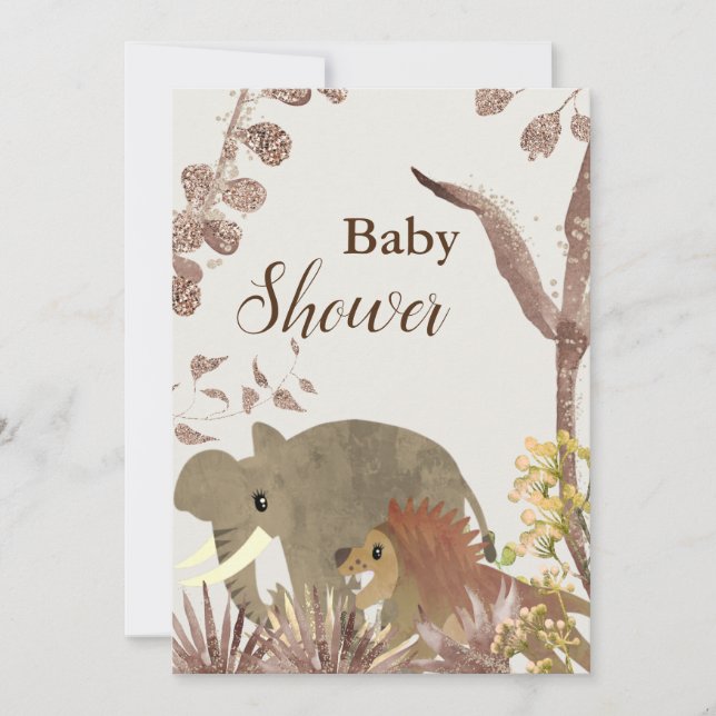 Söt Elefant, Lejon & Blommig Konst Bebis Shower   Inbjudningar (Framsida)