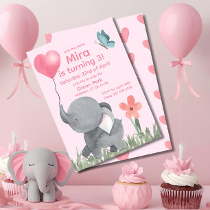 Söt Elefant med Ballong Födelsedagsfest Inbjudningar