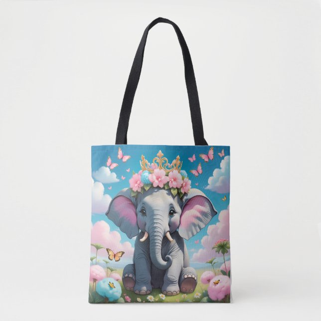 Söt elefant med blomkrona tygkasse (Framsida)