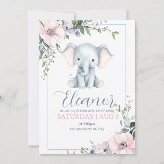 Söt Elefant med Blommor Födelsedagsinbjudan Inbjudningar