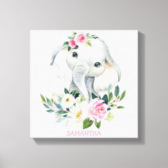 Söt elefant med boho-blommor ny babysäng canvastryck (Framsida)