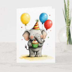 Söt elefant med cupcakes för barnens födelsedag kort
