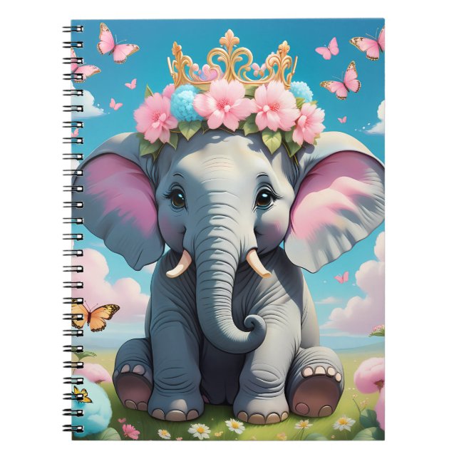 Söt elefant med en blomsterkrona anteckningsbok (Framsidan)