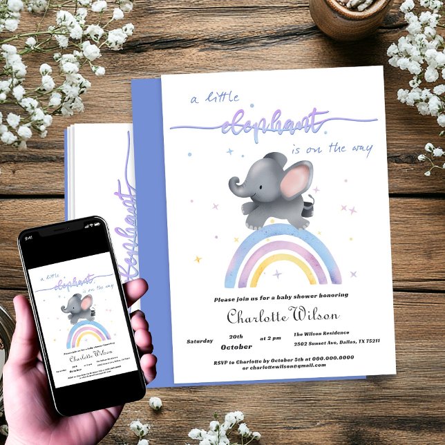 Söt elefant med färgglad regnbåge baby shower inbjudningar (Skapare uppladdad)