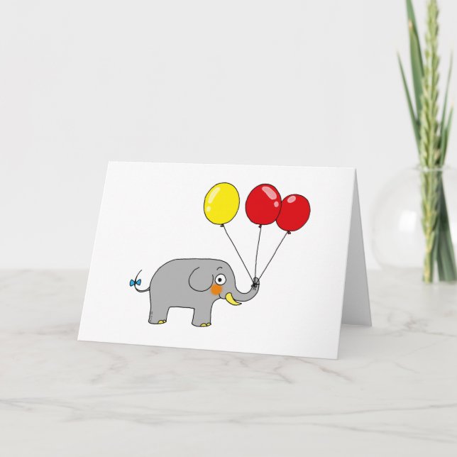Söt elefant med födelsedagsballonger kort (Framsida)
