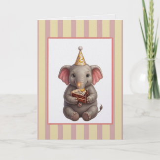 Söt elefant med födelsedagstårta av banan och chok kort