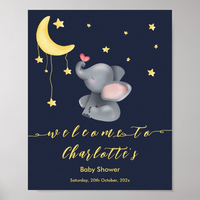 Söt elefant med liten fjäril Baby Shower Poster (Framsidan)