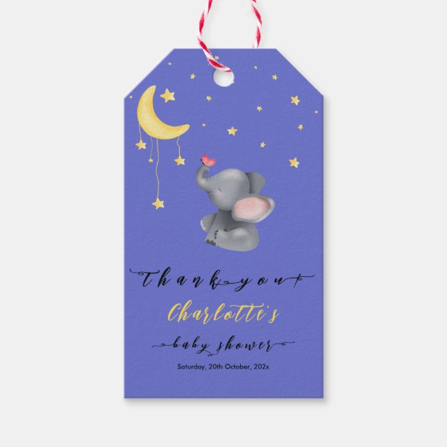 Söt Elefant Med Liten Fjäril Baby Shower Presentetikett (Framsidan)