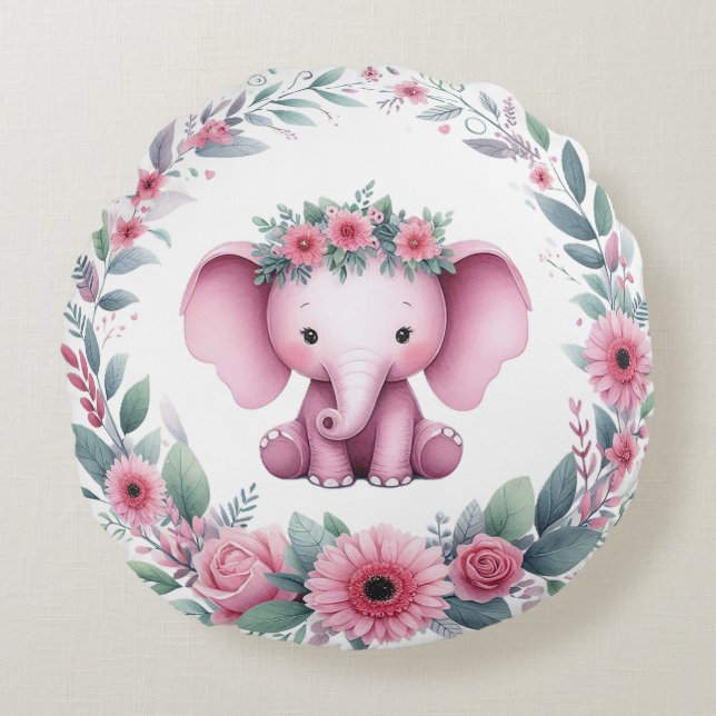Söt elefant med rosa blommor rund kudde (Framsidan)