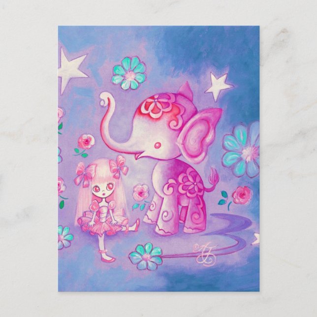 Söt elefant med rosa-hårig flicka vykort (Framsida)