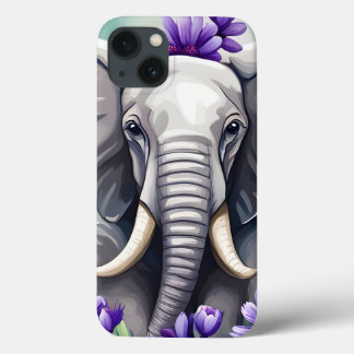 Söt elefant med vattenfärg och lila blommor