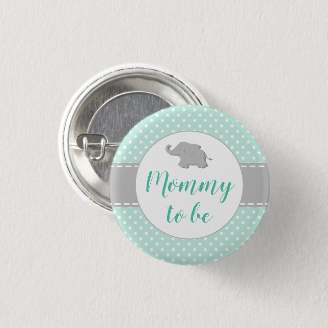 Söt Elefant Mintgrön Baby Shower Blivande Mamma Knapp (Framsida & baksida)