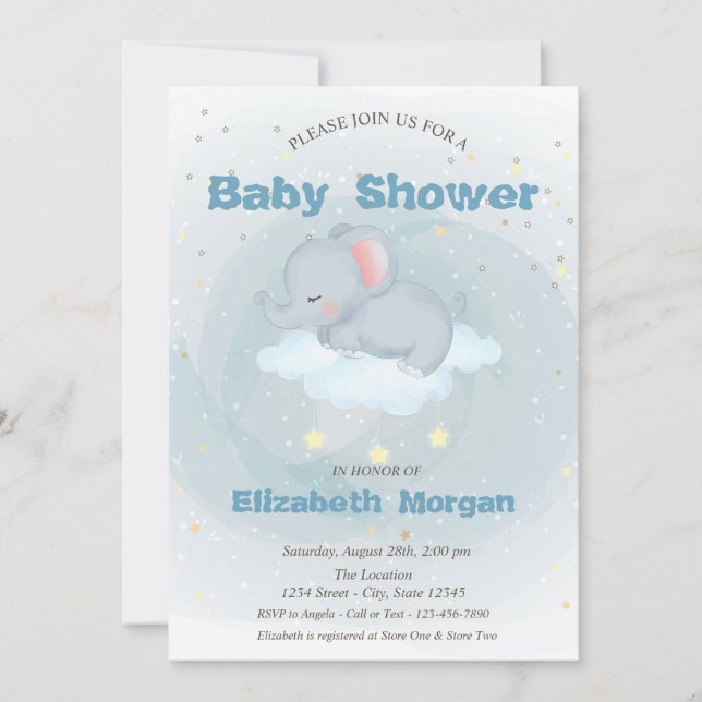 Söt Elefant, Moln, Stjärnor Baby Shower Inbjudan (Framsida)