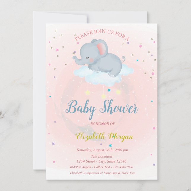 Söt elefant, Moln, Stjärnor Baby Shower Inbjudan (Framsida)