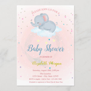 Söt elefant, Moln, Stjärnor Baby Shower Inbjudan