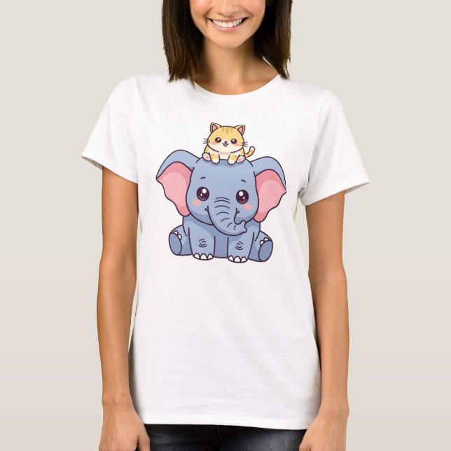 Söt Elefant och Kittel Kawaii Djur   T Shirt (Framsida)