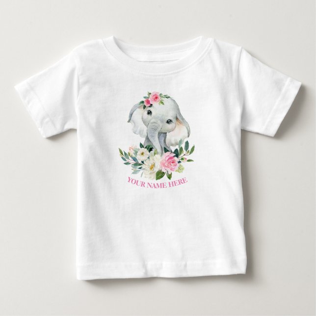 Söt elefant och rosa blommor 1-års födelsedag t shirt (Framsida)