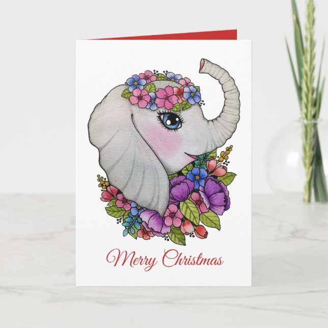 Söt Elefant Och Vilda Blommor I Vattenfärg Kort (Framsida)