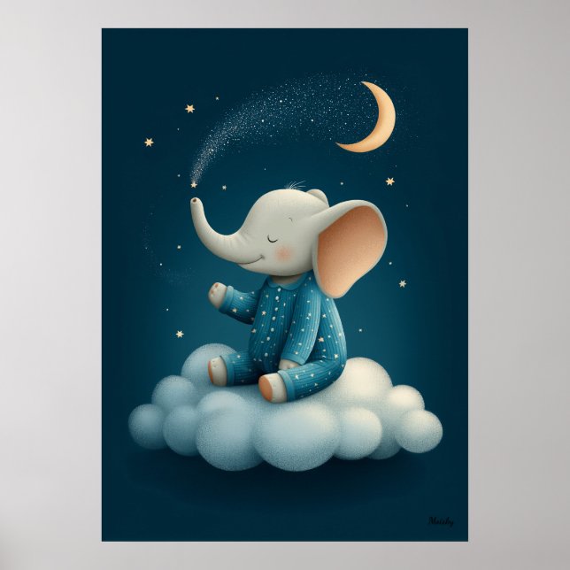 Söt elefant på moln för barnkammare vid läggdags poster (Framsidan)