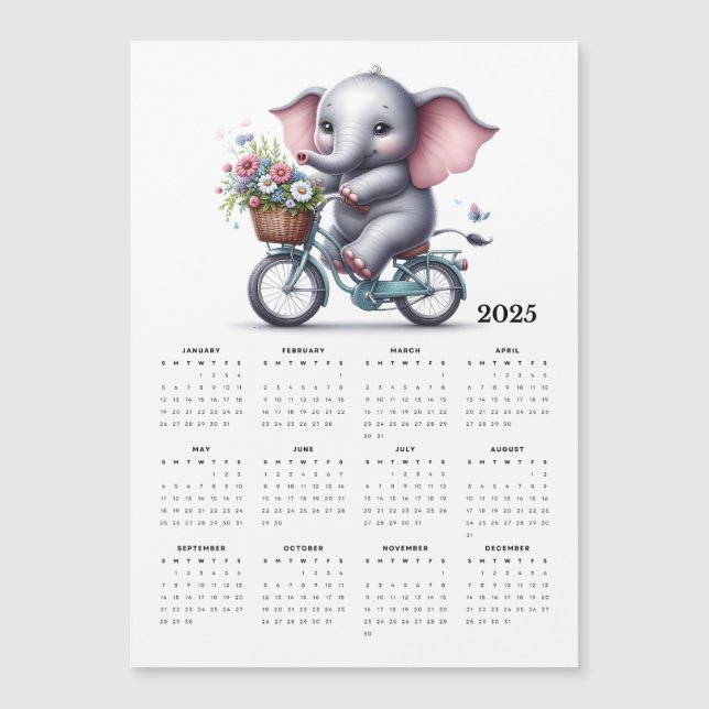 Söt Elefant Ridande på en Cykel Magnet Kalender (Framsida)