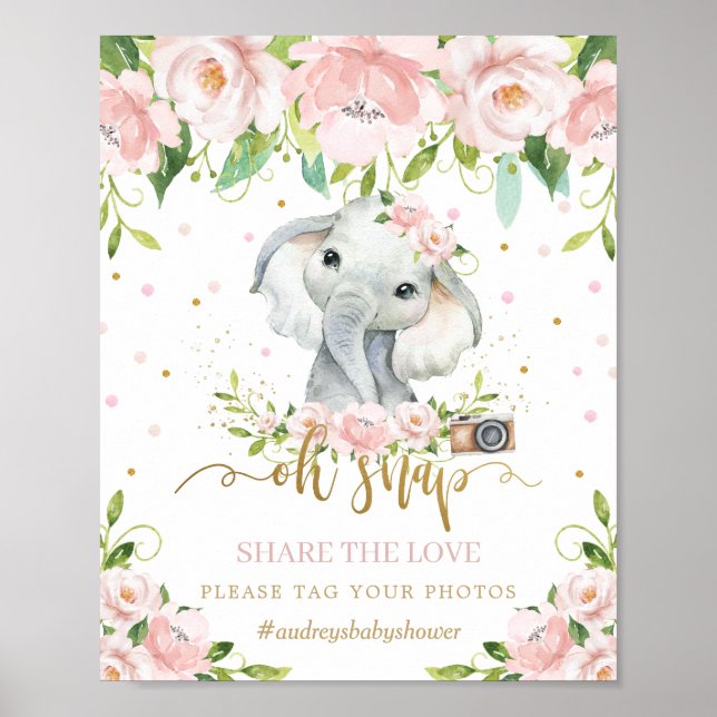 Söt Elefant Rosa Blommig Oj Snapp Dela Kärleken Poster (Framsidan)