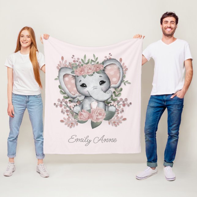 Söt elefant Rosa blommor Barnets namn Fleecefilt (På plats)