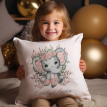 Söt elefant Rosa blommor och grönska Barnets namn