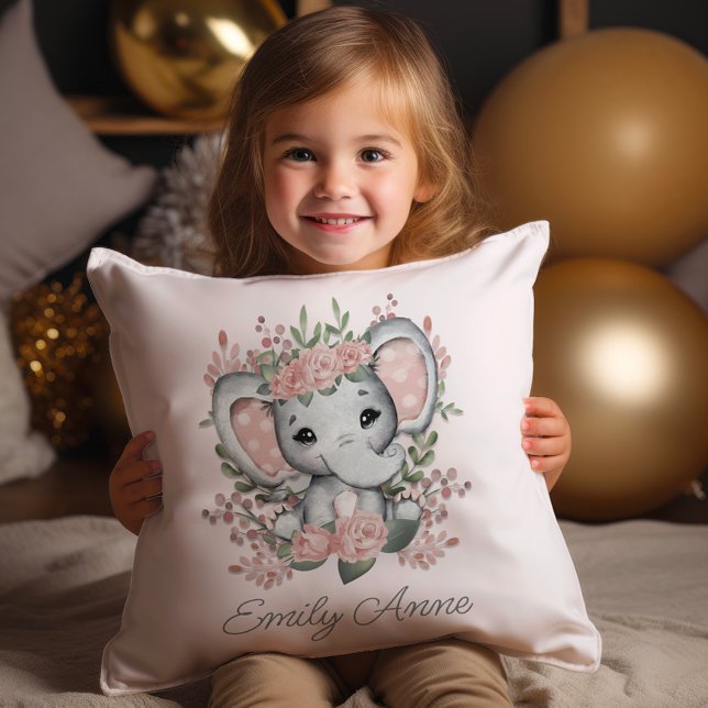 Söt elefant Rosa blommor och grönska Barnets namn Kudde (Cute pink princess elephant decorator pillow personalized with your child's name.)
