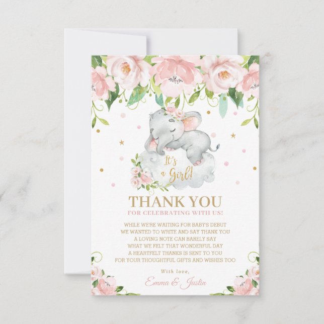 Söt Elefant Rosa Blush Blommig Baby Shower Tack Kort (Framsida)