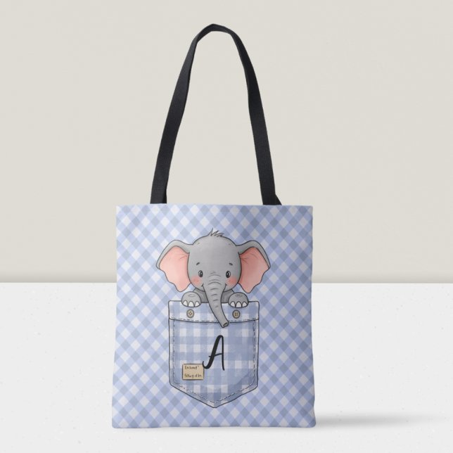 Söt elefant som tittar ut från Gingham-fickan  Tygkasse (Skapare uppladdad)
