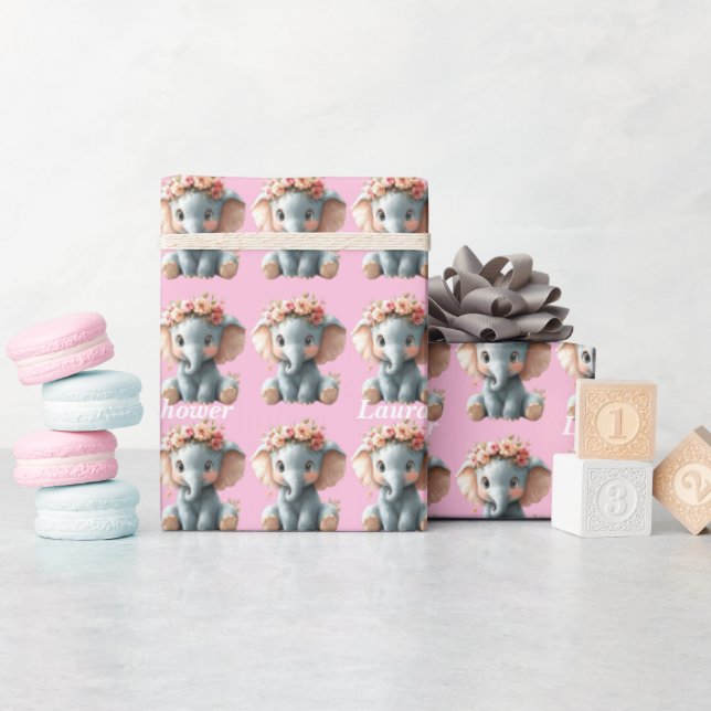 Söt Elefant Vacker Blomma Bebis Bebisdopp Presentpapper (Baby Shower)
