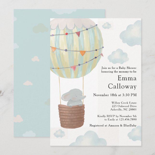 Söt Elefant Varm Luft Ballong Baby Shower Inbjudningar (Fram/baksida)