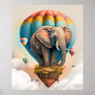 Söt Elefant Varm Luft Ballong Whimsical Djur Poster