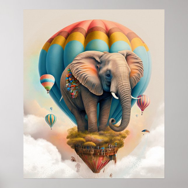 Söt Elefant Varm Luft Ballong Whimsical Djur Poster (Framsidan)