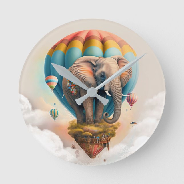 Söt Elefant Varmt Luftballong Whimsical Djur Rund Klocka (Framsida)
