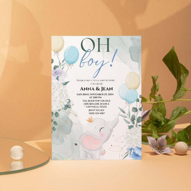 Söt elefant Vattenfärgballongs babyduschpojke Inbjudningar (cute elephant Watercolor blue flower greenery balloon baby shower boy)