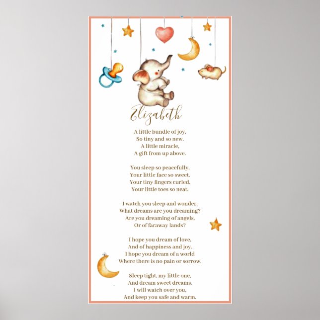 Söt elefantbaby och personlig dikt poster (Framsidan)