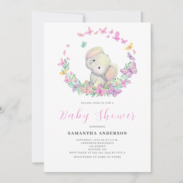 Söt Elefantflicka Baby Shower  Inbjudningar (Framsida)