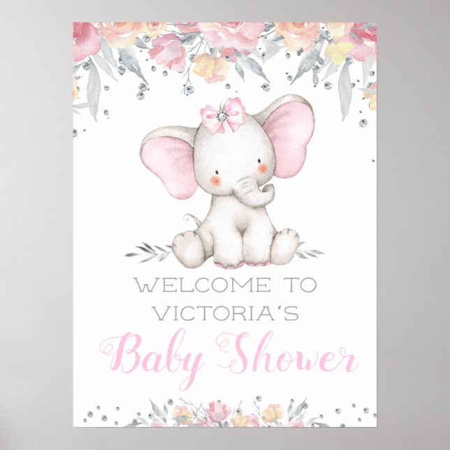 Söt Elefantflicka Baby Shower Välkomstskylt Poster (Framsidan)