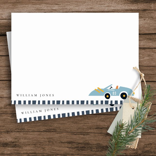 Söt elegant blå tävlingsbil barn födelsedag i alla anteckningskort (Skapare uppladdad)